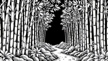 ornate line illustration of a serene bamboo forest, in a zen style, black and white, with winding paths and towering stalks, delicate lines, intricate design for detailed coloringの素材