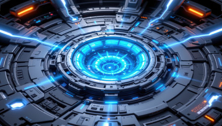 radiant starship core in a sci fi style, glowing with azure lights, smooth surfaces, high tech textures, cosmic vibe, high resolutionの素材
