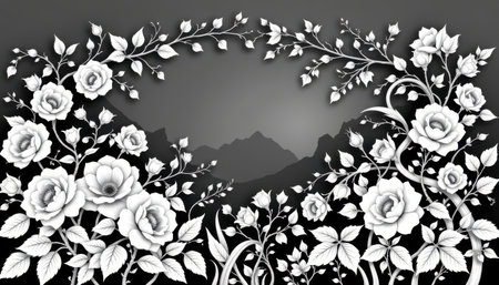 ornate line illustration of a blooming rose garden, in a romantic style, black and white, with arching vines and delicate petals, delicate lines, intricate design for detailed coloringの素材