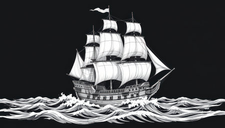 ornate line illustration of an old world pirate ship, in a nautical style, black and white, with billowing sails and crashing waves, delicate lines, intricate design for detailed coloringの素材