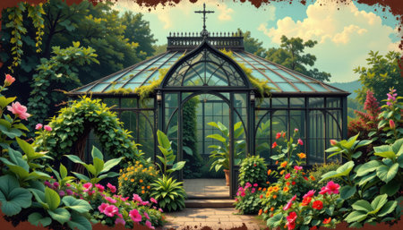nostalgic botanical greenhouse in a vintage poster style, with lush green palette, bold outlines, textured details, retro aesthetic, high resolutionの素材