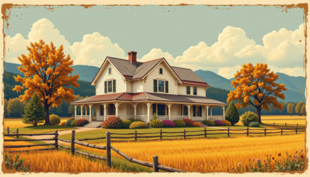 nostalgic rural farmhouse in a vintage poster style, with harvest gold palette, bold outlines, textured details, retro aesthetic, high resolutionの素材