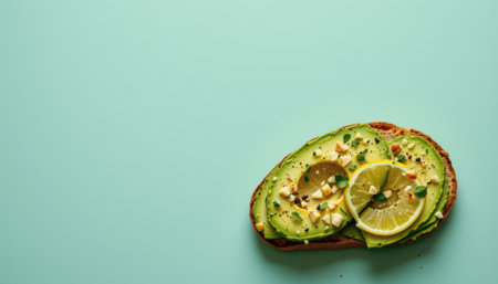 delicate avocado toast positioned in the lower left corner on a cool mint background, in a minimalist food photography style, with diffused studio glow, spacious composition, high resolutionの素材