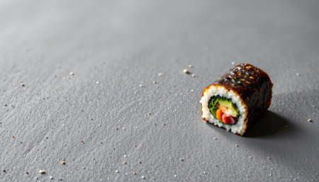 delicate sushi roll positioned in the bottom right corner on a muted gray background, in a minimalist food photography style, with natural daylight glow, spacious composition, high resolutionの素材
