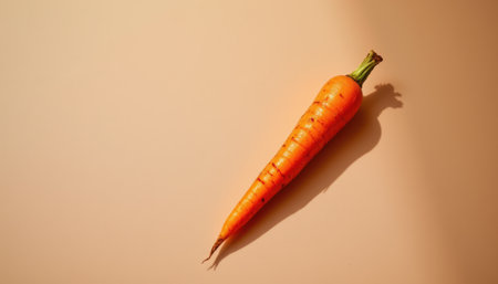 delicate roasted carrot positioned in the top right corner on a faint ochre background, in a minimalist food photography style, with ambient sunlight glow, spacious composition, high resolutionの素材