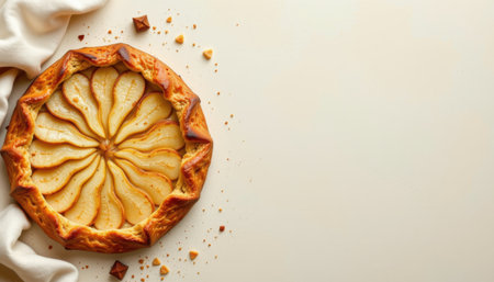 delicate pear galette positioned in the upper right corner on a vanilla cream background, in a minimalist food photography style, with overhead soft glow, spacious composition, high resolutionの素材