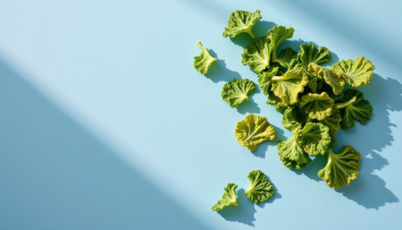 delicate kale chips positioned in the bottom right corner on a muted blue background, in a minimalist food photography style, with filtered window glow, spacious composition, high resolutionの素材