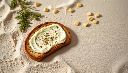 delicate ricotta toast positioned in the upper left corner on a pale sand background, in a minimalist food photography style, with side light glow, spacious composition, high resolutionの素材