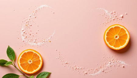 delicate citrus carpaccio positioned in the lower left corner on a pale blush background, in a minimalist food photography style, with fresh light glow, spacious composition, high resolutionの素材