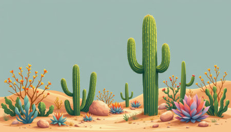 radiant desert cactus in an illustrative style, with sage and terracotta colors, crisp lines, detailed leaves, harmonious vibe, high resolutionの素材