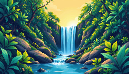 radiant waterfall in an illustrative style, with teal blue and moss green colors, crisp lines, detailed leaves, harmonious vibe, high resolutionの素材