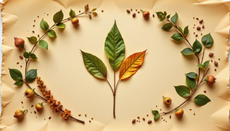 uplifting nature journaling setting with pressed leaves in the center on a parchment tan background, in a vibrant wellness style, with open sky brightness, open layout, high resolutionの素材