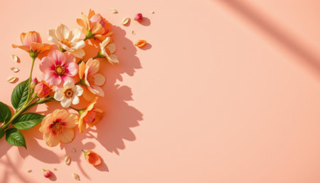 uplifting journaling setting with blooming flowers in the corner on a pastel peach background, in a vibrant wellness style, with natural sunlight brightness, open layout, high resolutionの素材
