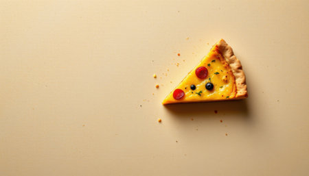 delicate quiche slice positioned in the upper right corner on a matte beige background, in a minimalist food photography style, with warm indoor glow, spacious composition, high resolutionの素材