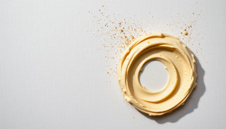 delicate hummus swirl positioned in the bottom right corner on a linen white background, in a minimalist food photography style, with midday bounce glow, spacious composition, high resolutionの素材