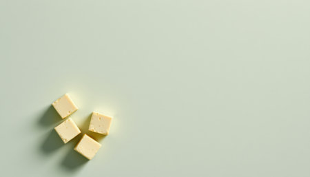 delicate tofu cubes positioned in the lower left corner on a pale sage background, in a minimalist food photography style, with filtered afternoon glow, spacious composition, high resolutionの素材