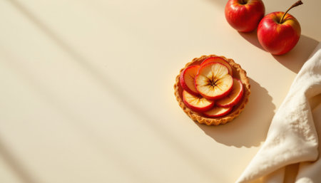 delicate apple tartlet positioned in the top right corner on a cool cream background, in a minimalist food photography style, with warm sunbeam glow, spacious composition, high resolutionの素材