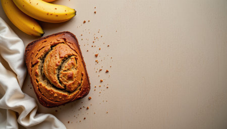 delicate banana bread positioned in the upper left corner on a pale walnut background, in a minimalist food photography style, with golden kitchen glow, spacious composition, high resolutionの素材