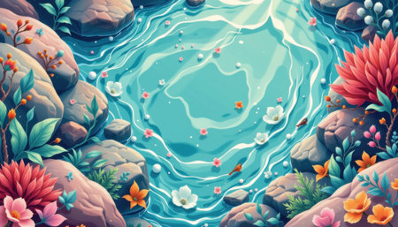 radiant tidal pool in an illustrative style, with seafoam and coral reef colors, crisp lines, detailed leaves, harmonious vibe, high resolutionの素材
