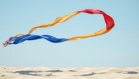 uplifting tai chi setting with flowing scarves in the midground on a pale sky blue background, in a vibrant wellness style, with ambient glow brightness, open layout, high resolutionの素材