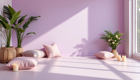 uplifting reflective practice setting with soft cushions in the corner on a muted lilac background, in a vibrant wellness style, with candlelit brightness, open layout, high resolutionの素材