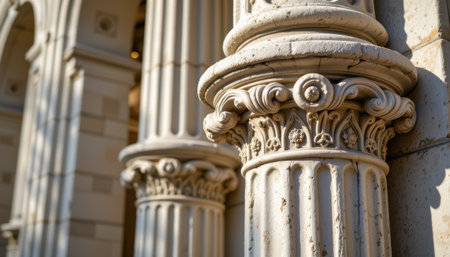 sophisticated sculptural column photographed from a close up angle in a civic monument, in a luxurious architecture photography style, with light granite tones, side shadowed light, high resolutionの素材