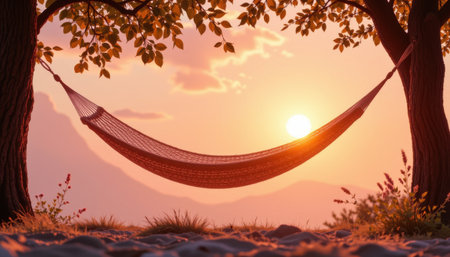 uplifting hammock meditation setting with gentle sway in the background on a sky blush background, in a vibrant wellness style, with breezy daylight brightness, open layout, high resolutionの素材