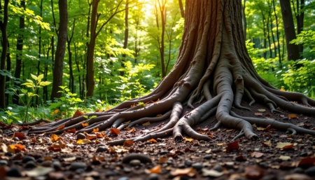 uplifting nature connection setting with tree roots in the background on a woodland green background, in a vibrant wellness style, with filtered forest brightness, open layout, high resolutionの素材