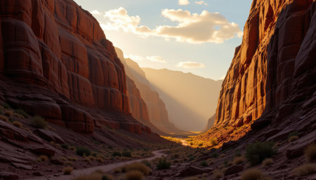 explorer in a canyon basin with golden haze sky, in a cinematic style, glowing lighting, grand composition, high resolutionの素材