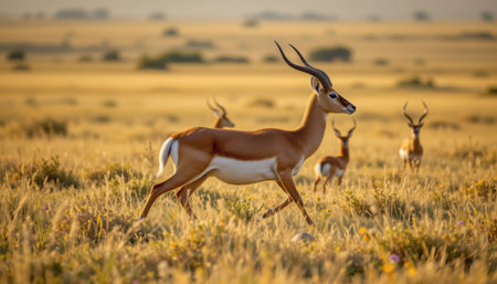 timeless antelope photographed in a bounding pose in a wide veldt, in a classic wildlife photography style, with golden grass tones, rim light, high resolutionの素材
