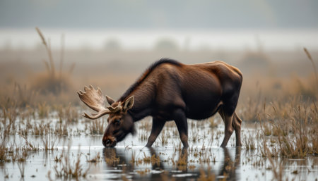 timeless moose photographed in a grazing pose in a misty wetland, in a classic wildlife photography style, with subdued tones, diffused light, high resolutionの素材