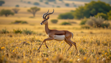 timeless antelope photographed in a bounding pose in a wide veldt, in a classic wildlife photography style, with golden grass tones, rim light, high resolutionの素材