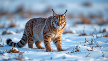 timeless lynx photographed in a stalking pose in a snowy tundra, in a classic wildlife photography style, with icy tones, blue hour light, high resolutionの素材
