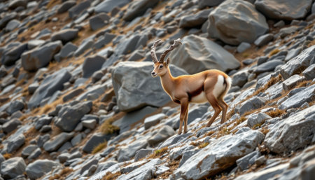 timeless ibex photographed in a climbing pose in a rocky slope, in a classic wildlife photography style, with stone tones, natural light, high resolutionの素材