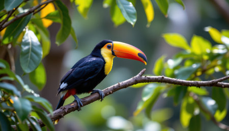 timeless toucan photographed in a perched pose in a canopy branch, in a classic wildlife photography style, with saturated tones, spotlight light, high resolutionの素材