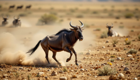timeless wildebeest photographed in a charging pose in a dusty plain, in a classic wildlife photography style, with tan tones, backlight, high resolutionの素材