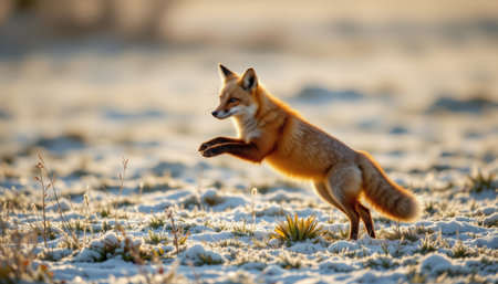timeless fox photographed in a leaping pose in a frost covered field, in a classic wildlife photography style, with pale tones, early morning light, high resolutionの素材