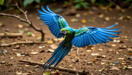 timeless macaw photographed in a flying pose in a jungle clearing, in a classic wildlife photography style, with jewel tones, side light, high resolutionの素材