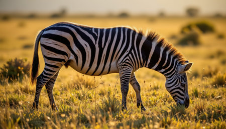 timeless zebra photographed in a grazing pose in a sunlit grassland, in a classic wildlife photography style, with high contrast tones, midday light, high resolutionの素材