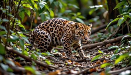 timeless leopard photographed in a crouching pose in a dense jungle, in a classic wildlife photography style, with earthy tones, dappled light, high resolutionの素材