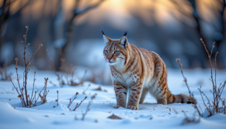 timeless lynx photographed in a stalking pose in a snowy tundra, in a classic wildlife photography style, with icy tones, blue hour light, high resolutionの素材