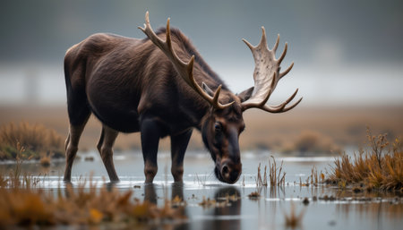 timeless moose photographed in a grazing pose in a misty wetland, in a classic wildlife photography style, with subdued tones, diffused light, high resolutionの素材