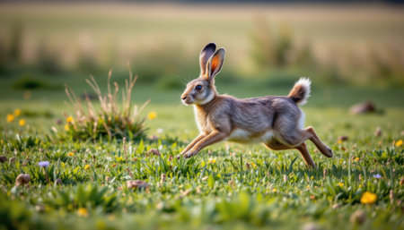 timeless hare photographed in a running pose in a grassy meadow, in a classic wildlife photography style, with soft tones, natural light, high resolutionの素材