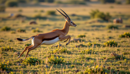 timeless gazelle photographed in a leaping pose in a grassy expanse, in a classic wildlife photography style, with sunlit tones, golden hour light, high resolutionの素材