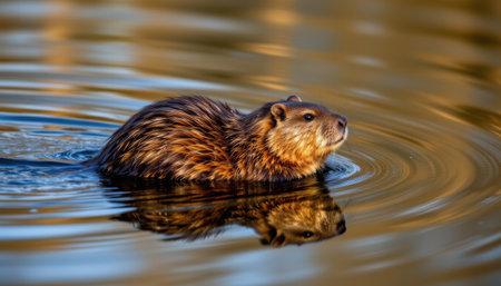timeless beaver photographed in a swimming pose in a reflective pond, in a classic wildlife photography style, with calm tones, golden hour light, high resolutionの素材