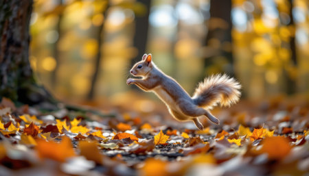 timeless squirrel photographed in a jumping pose in an autumn forest, in a classic wildlife photography style, with amber leaf tones, warm light, high resolutionの素材