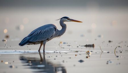 timeless heron photographed in a fishing pose in a misty lagoon, in a classic wildlife photography style, with steel tones, twilight light, high resolutionの素材