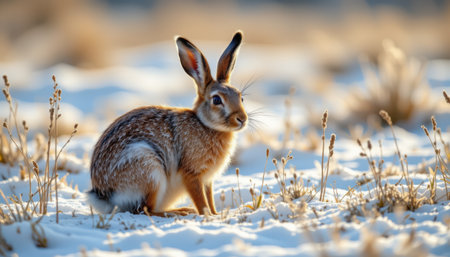 timeless hare photographed in a crouching pose in a snowy meadow, in a classic wildlife photography style, with frost tones, crisp morning light, high resolutionの素材