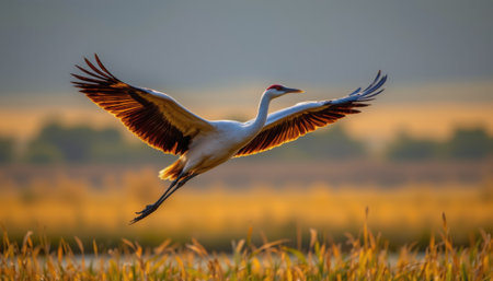 timeless crane photographed in a flying pose in a wetland reserve, in a classic wildlife photography style, with soft gold tones, sunset light, high resolutionの素材