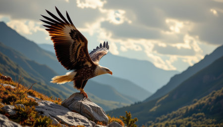 timeless eagle photographed in a diving pose in a mountain valley, in a classic wildlife photography style, with dramatic tones, strong light, high resolutionの素材